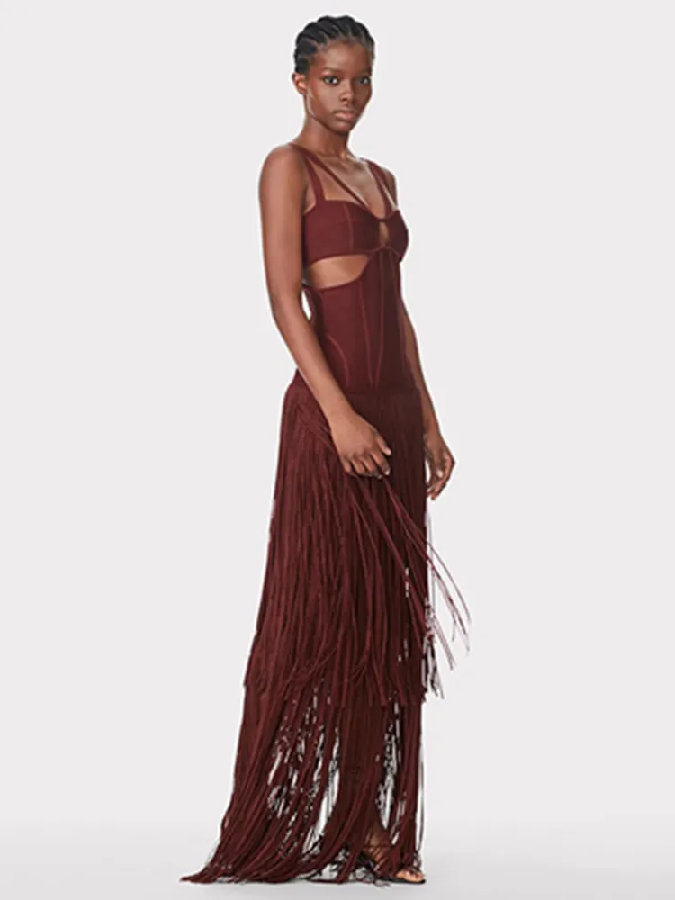 Vestido sexy con cuello en V y borlas marrones para mujer, vestido largo ajustado con vendaje, elegante vestido de fiesta para discoteca de noche 2025