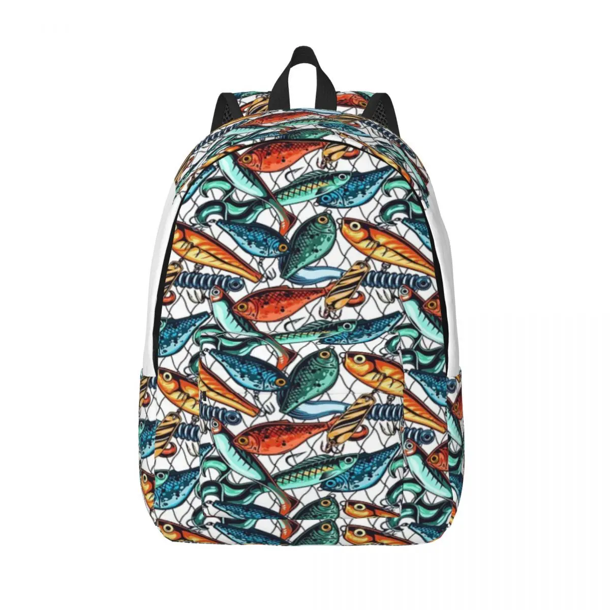 gone-fishing-ルアーと魚網パターン-シンプルでスタイリッシュなバックパック-キャンバスバックパック-女性用バックパック