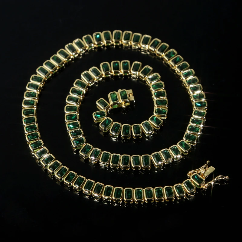 Luxury Emerald Rectangle CZ Tennis Necklaces for Women Paved Green Cubic Zirconia Gold Plated Color Fashion Jewelry for Party