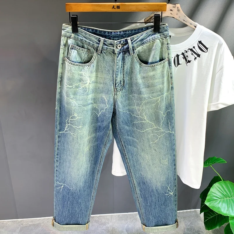 Loose straight jeans men's gradient color2024new fashion street trend men's Korean style personality wide-leg pants