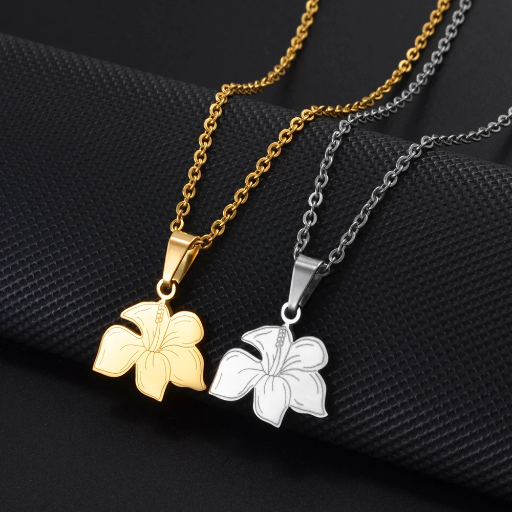 Anniyo Beautiful Tropical Hibiscus Flower Pendant Necklaces Women Girls Stainless steel base Hawaiian Mayotte Jewelry #001762