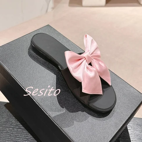 Flat Bow Mules Open Toe Slip On Summer Fashion Women Leather Satin Slippers Rubber Sole Shallow Sexy Lady Dress Daily Sandals