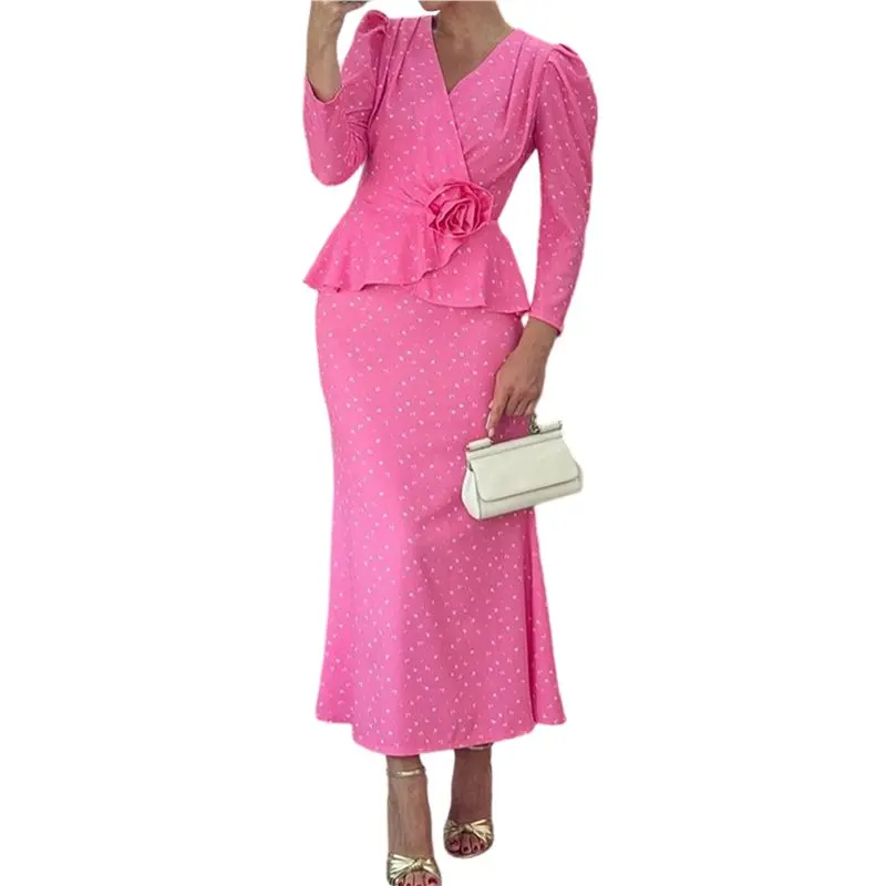 

CYL-Women 2 Piece Vacation Outfits Long Sleeve Top And Long Skirt Summer Set