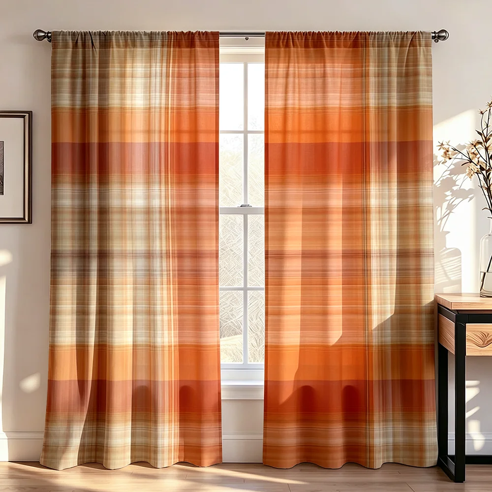2PCS Fall Orange Brown Plaid Check Print Curtains, Bedroom Living Room Window Drapes, Rod Pocket Polyester, Home Decor