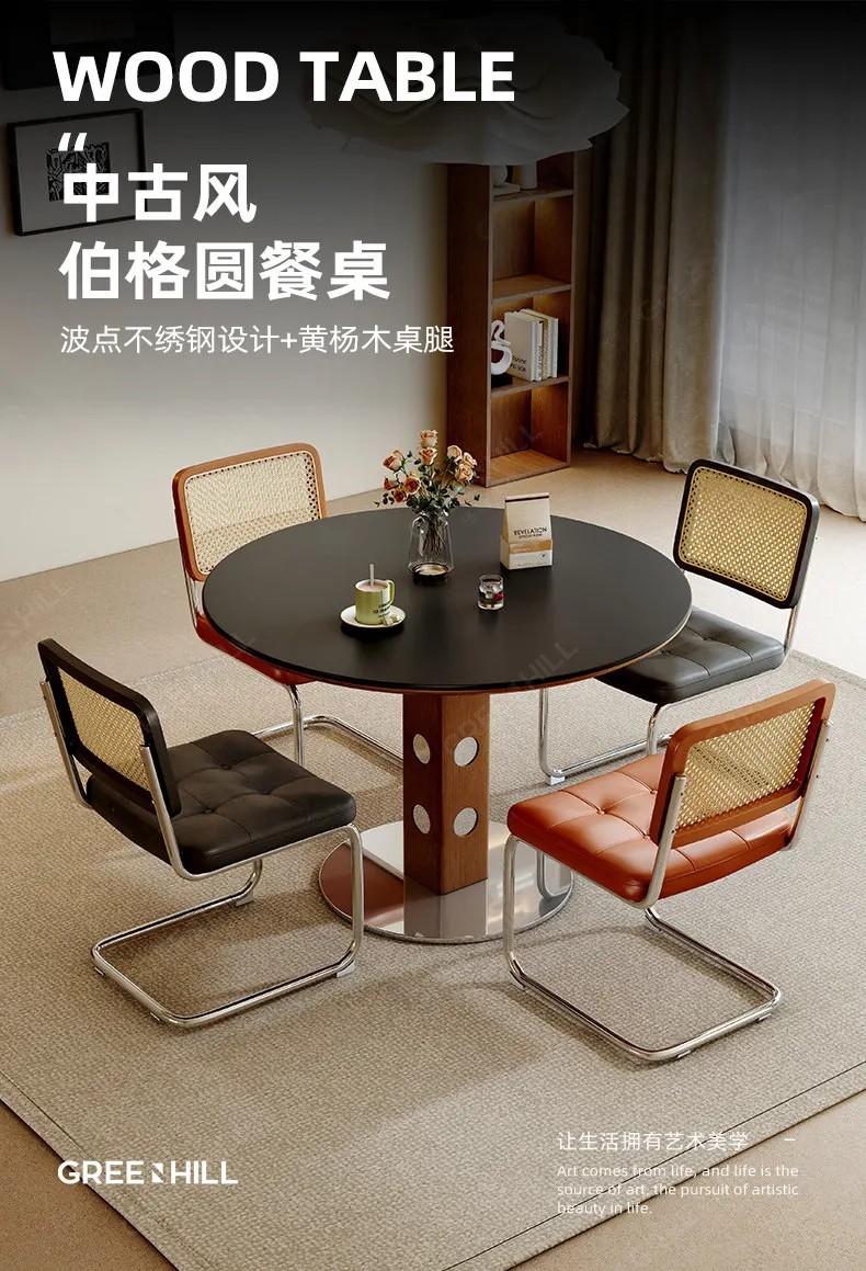 

Круглый обеденный стол из чистого черного камня, домашний обеденный стол в французском кремовом стиле, ретро-стиль, высококачественный обеденный стол.