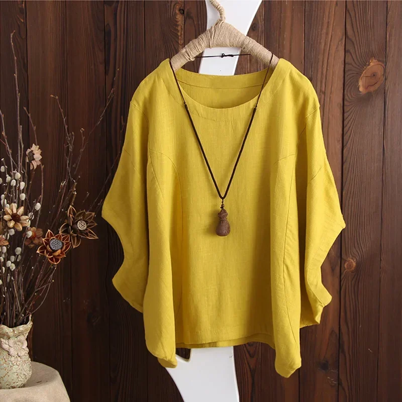 Cotton Linen Shirts Women Casual Solid Blouses Shirts Loose Tops Tunic Blusas Oversized T-Shirt Blouse Women Short Sleeve Shirt