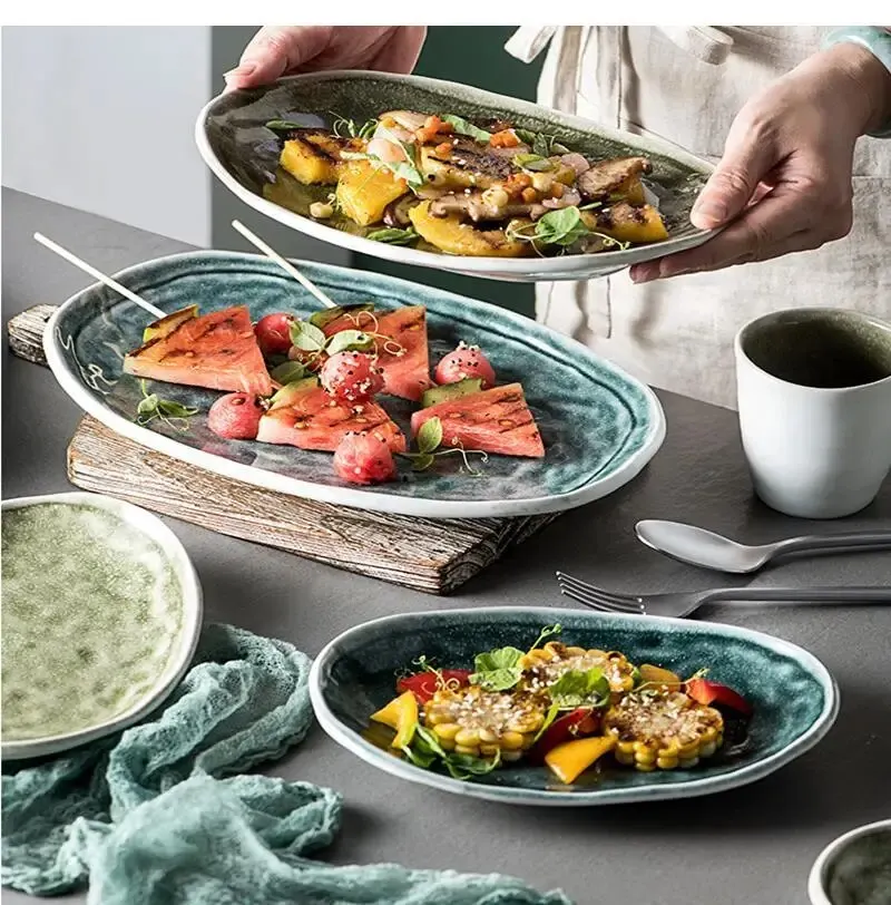 Ceramic Plate Dishes Steak Household Japanese Tableware Oval Sushi Kitchen Characteristic Restaurant Service