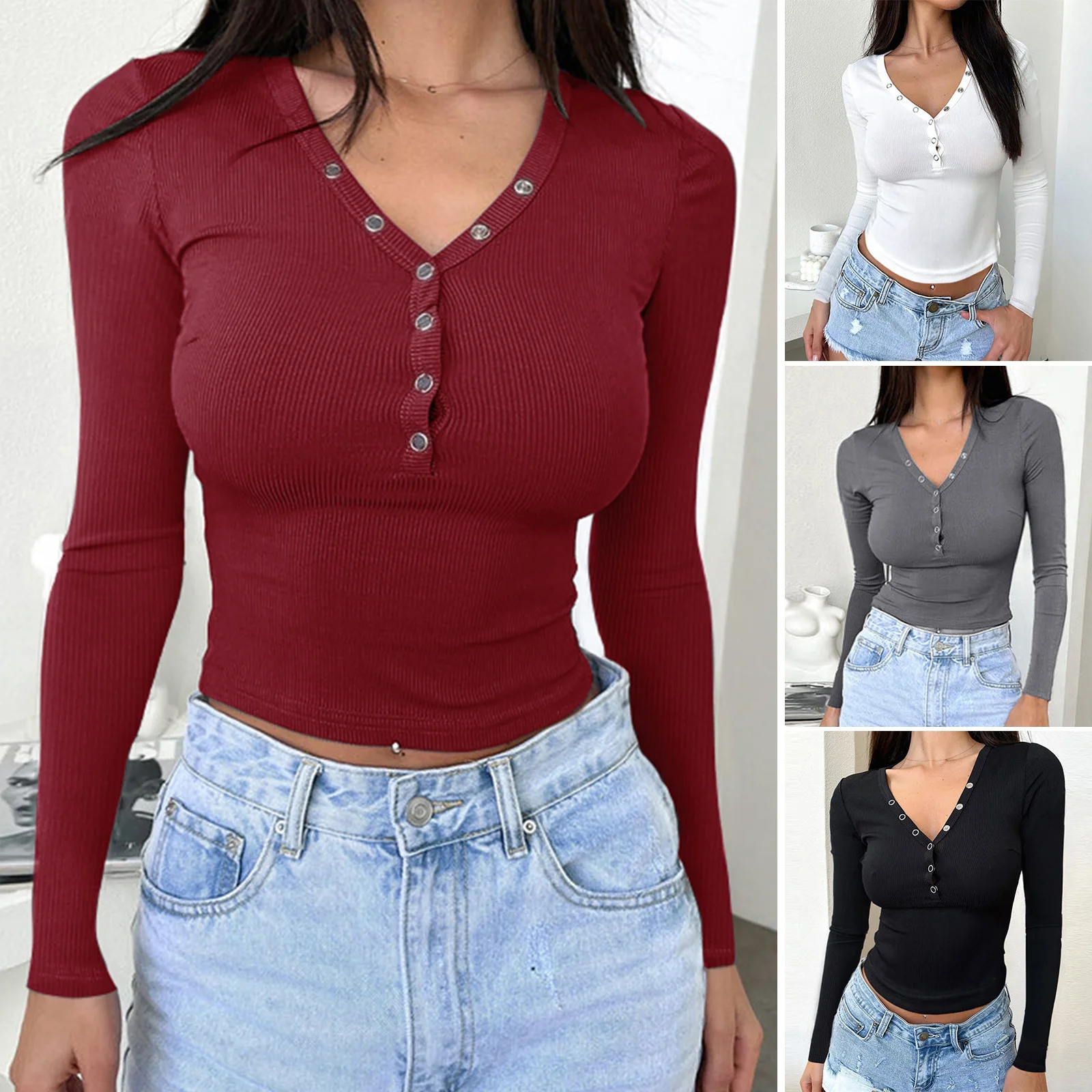 Spring Autumn Women's Long Sleeve Top Lady's Button V-neck Bottoming Shirt Female Solid Color Slim-fit Top Female Knitted Top