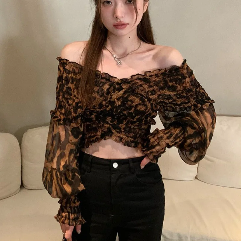 Leopard Blouses Women Chiffon Shirts Long Sleeve Slash Neck Short Slim Sexy Hot Chic All-match Spring Autumn Tops Design Female