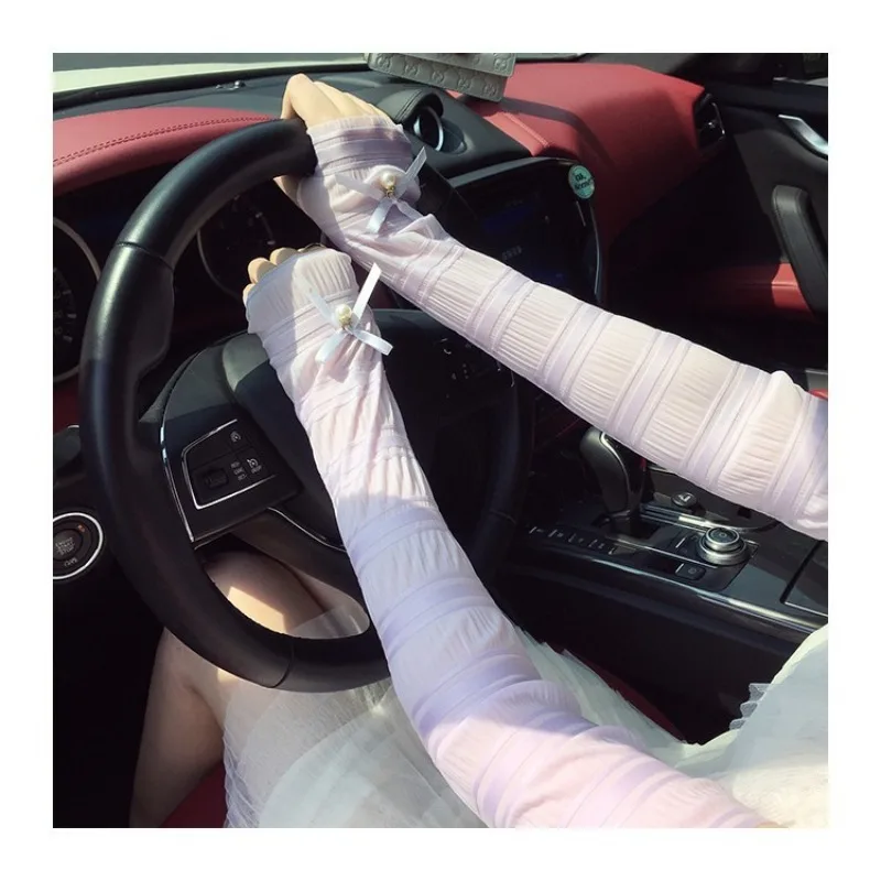 UV Protection Ice Silk Arm Sleeves Women 1Pair Pearl Bow Loose Fit Ultra Thin Cooling Breathable for Cycling Driving Summer Soft view 4