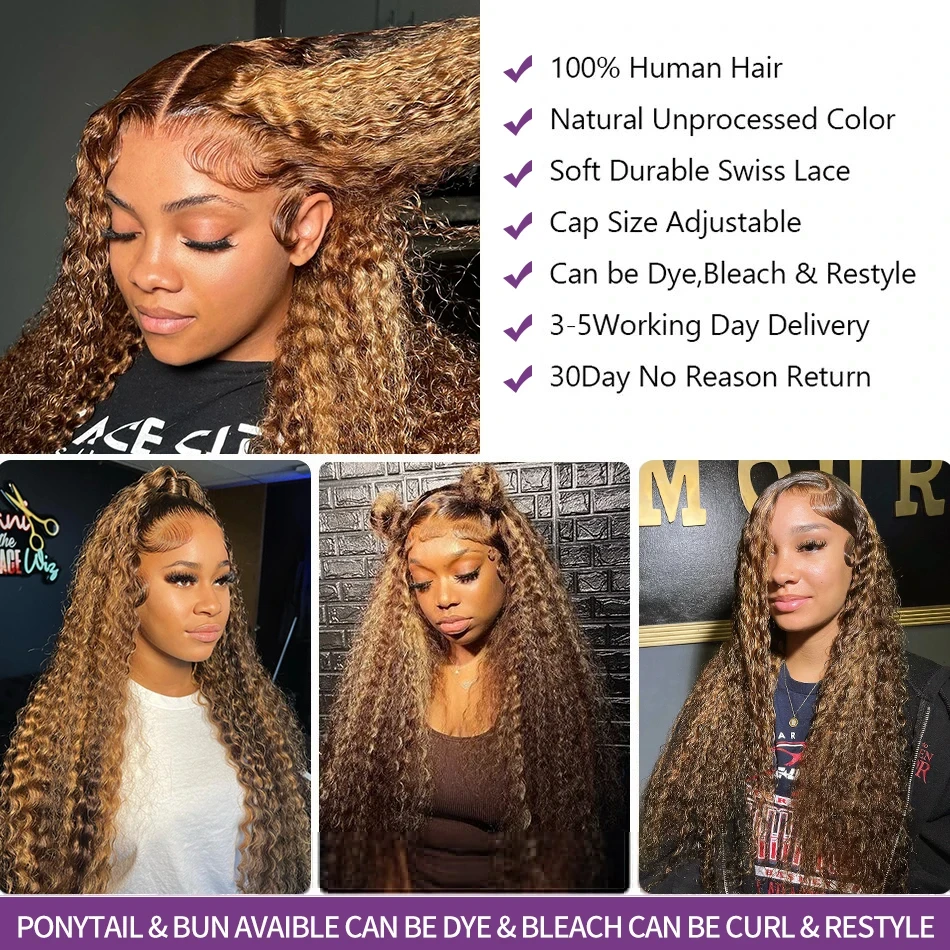 HD Honey Blonde Kinky Curly 13x4 13x6 Lace Frontal Human Hair Wig Pre Plucked Highlight Ombre Colored 4x4 Lace Closure Curly Wig