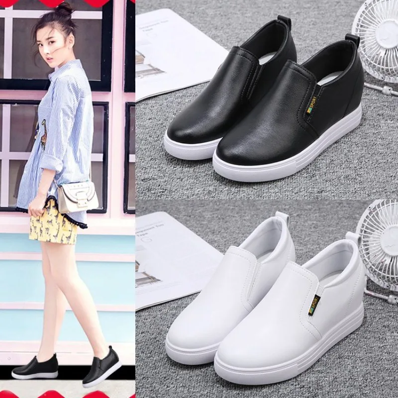 Women's Shoes with Inner Height Increase Sloping Heels Thick Soles Small White Shoe Versatile Casual Loafers Student Girls