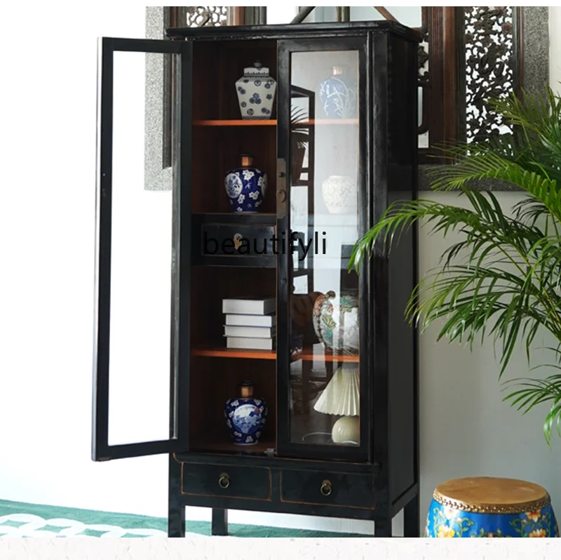 

New Chinese Style Solid Wood Vintage Glass Display Cabinet Elm Wood Distressed Display Cabinet Modern Chinese Style