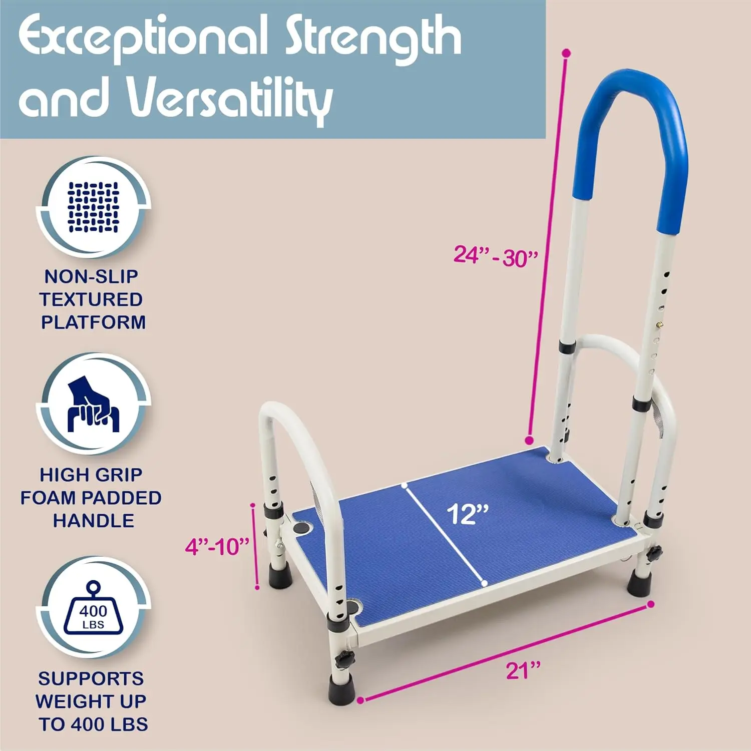 Medical Bed Step Stool with Handle for Adults - Heavy Duty Adjustable Bedroom Stepping Stool with Handrail - Wide, High Grip Bas