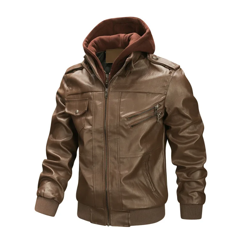 

winter thickened PU leather waterproof work clothes Men's hooded leather jacket autumn oversized slim motorcycle riding suit