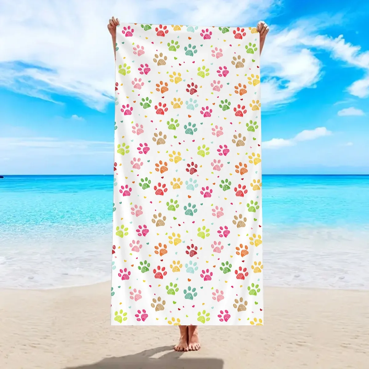 

Colorful Dog Cat Paw Print Beach Towel Polyester Quick Dry Sand Free Swim Bath Towel for Pet Lover Summer Beach Pool Travel