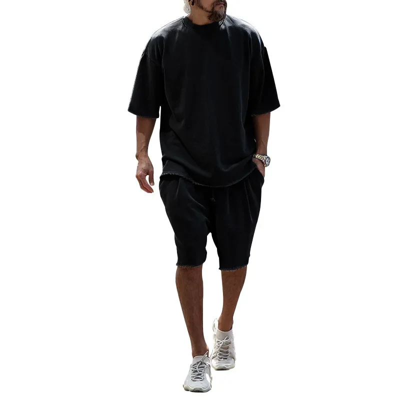 Men's Sports Suit Casual Loose Fitting Short Sleeved T-shirt Summer Shorts Trend European and American Men's Clothing Tesla