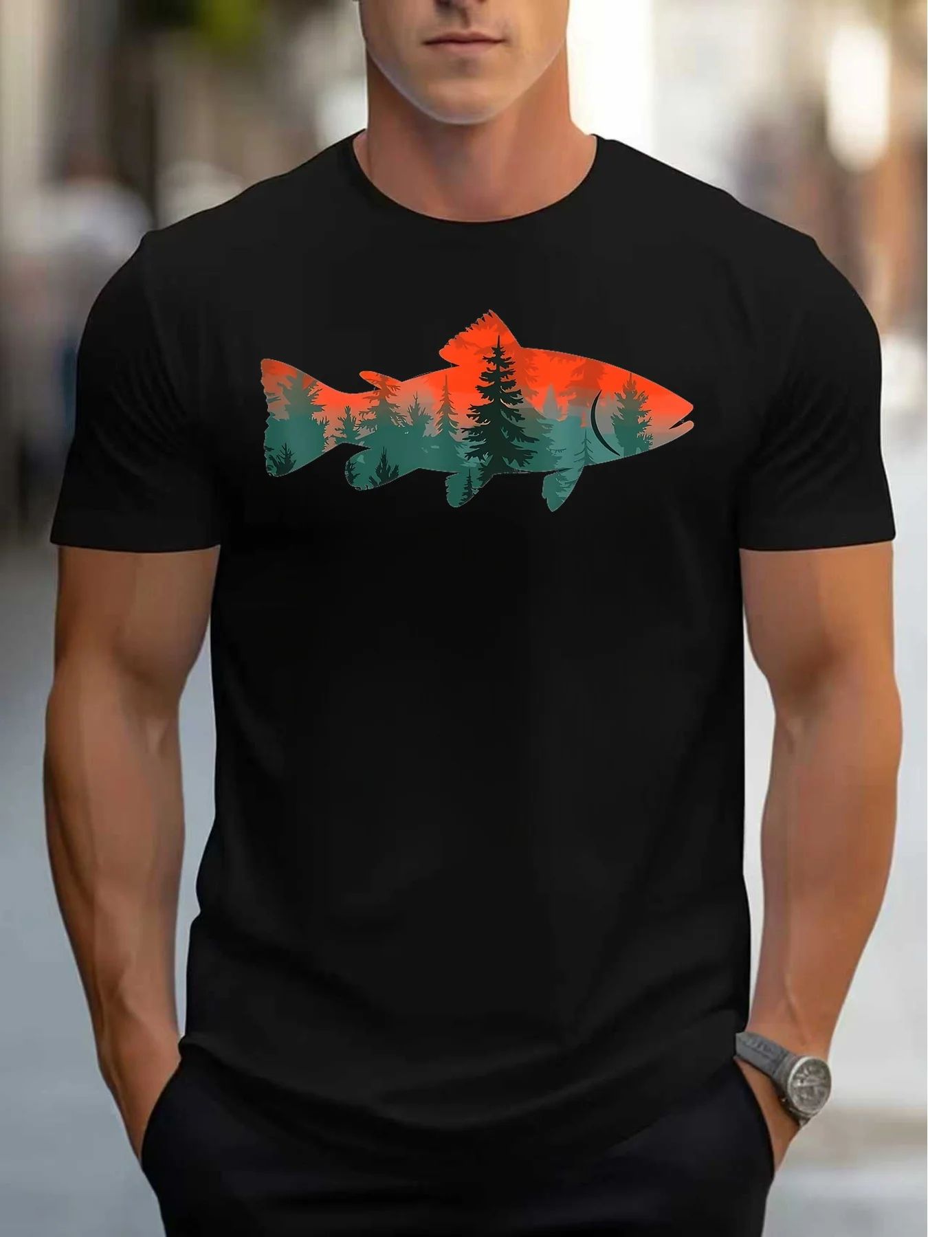 Nature-Inspired Men's T-Shirt with Forest Fish Pattern, Summer Outdoor Adventure, Gift for Nature Enthusiasts