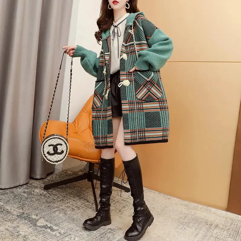 2022 Button Sweater Cardigan Coat Women Retro Plaid Autumn Winter New Loose Coats Pocket Fashion Overcoat Mid-Long Outerwear