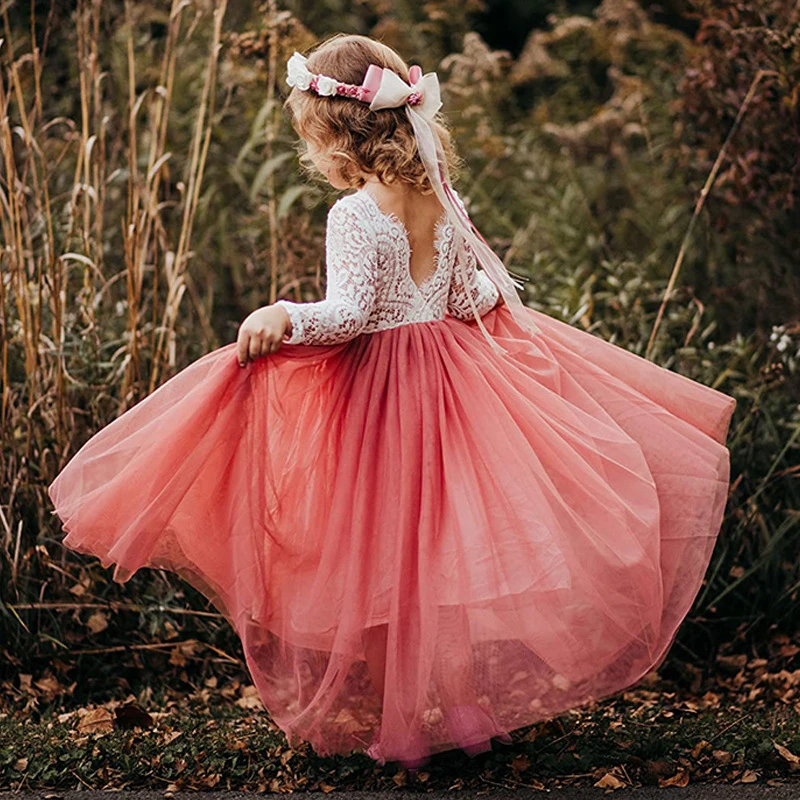 New Girls\' Long-Sleeved Lace Gauze Dress Children\'s Evening Dress Wedding Flower Girl Sweet Lovely Versatile Dress