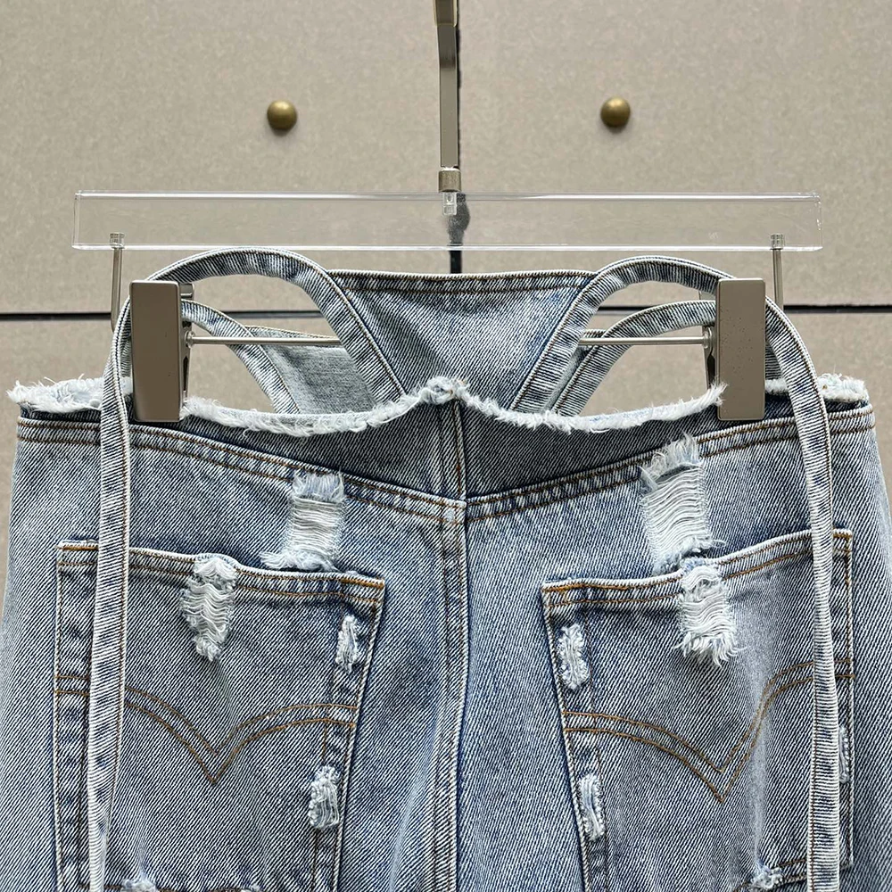 Damskie jeansy bawełniane Y2k Vintage sprane dziury przetarcia spodnie ażurowe ozdobione gorącymi diamentami proste spodnie nowość jesień 2025