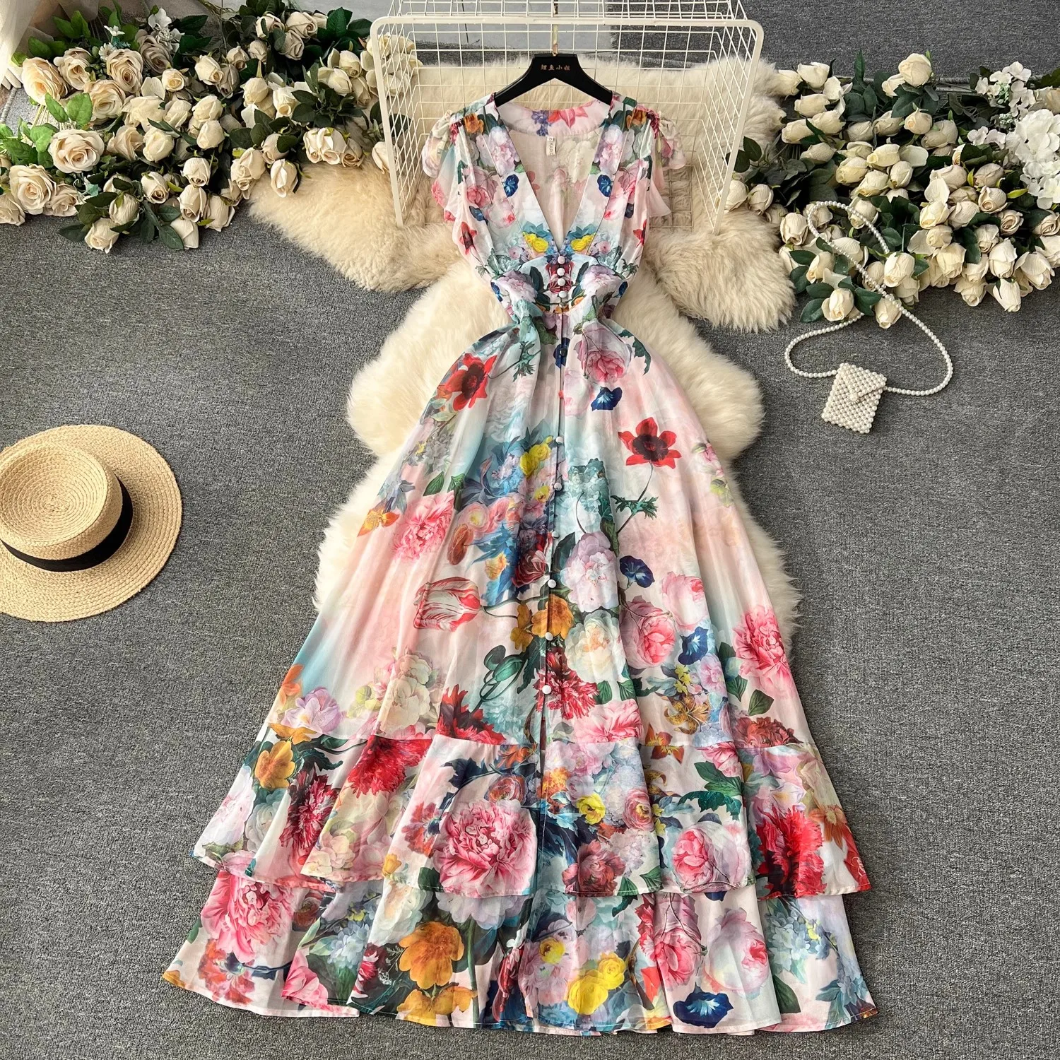 

Retro Florals Print Dress Women Summer V Neck Short Sleeve Ruffles Dress Party Sexy Dresses Vestidos