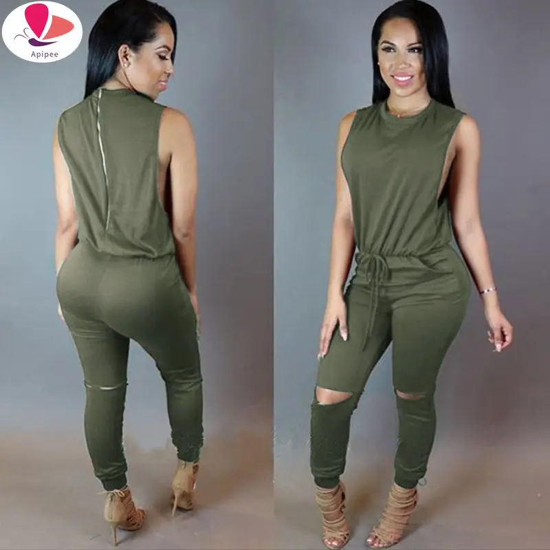 Women Hole Sleeveless Bandage Lace Up Jumpsuit Casual Rompers Overalls For Female Women O-neck Zipper Jumpsuits Women Summer