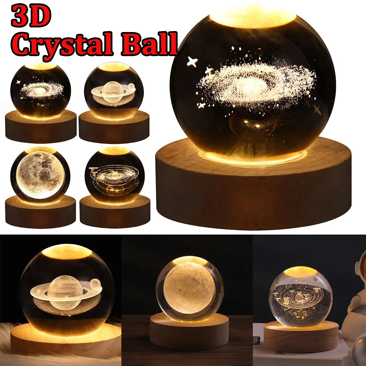 USB Night Light LED Crystal Ball Table Lamp 3D Moon Planet Galaxy Astronaut Decor for Home Table Lamp Party Gift for Kids Adult