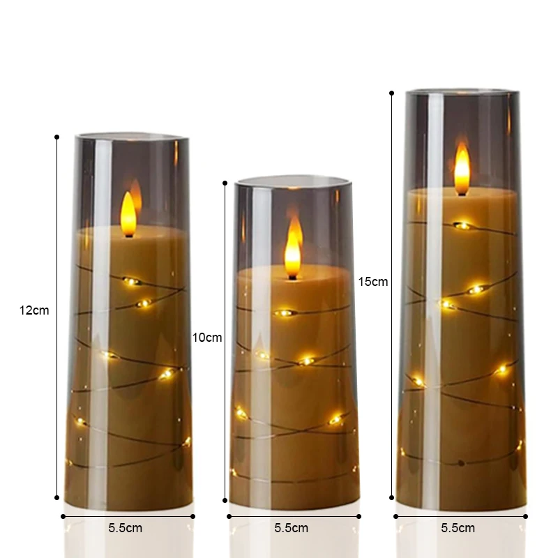 Candele LED senza fiamma tremolanti da 3 pezzi con candele a colonna LED in acrilico con stringa a stella incorporata con telecomando per la decorazione domestica