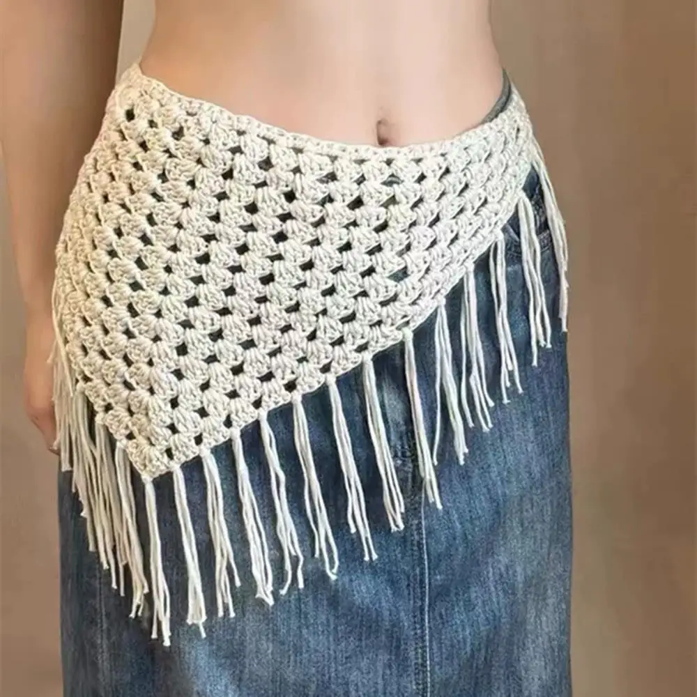 Bufanda triangular de encaje para el pelo, diadema a la moda con agujeros, turbante bohemio con borlas, delantal de punto con flores para la cadera, banda para la cintura para mujer