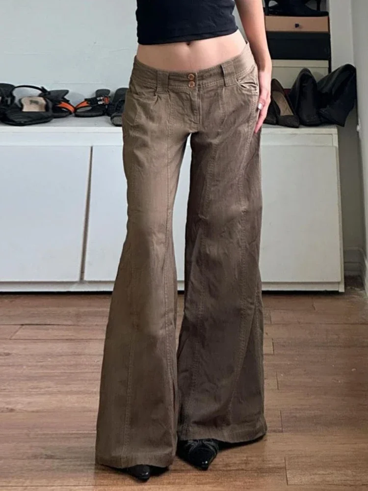 Deeptown American Style Vintage Low Waist Brown Pants Women Grunge Sexy Y2k Streetwear Hip Hop Loose Baggy Trousers E-girl 2024