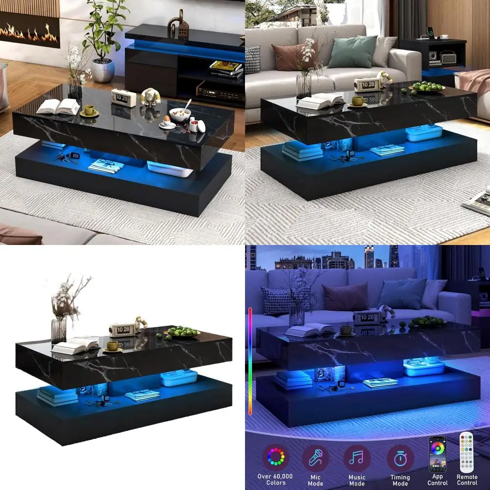 

Modern Double-Layer LED Coffee Table with Sliding Drawers, High-Gloss Finish and Marbling Print, Black