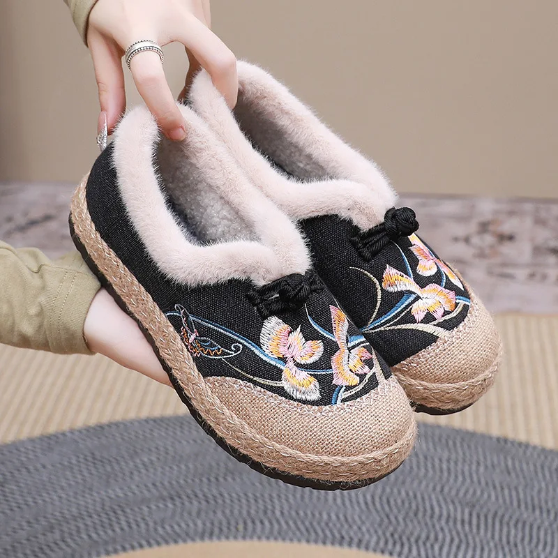 winter women's plugging embroidery flat shoes fashion thicken patchwork loafers casual lightweight soft comfortable shoes