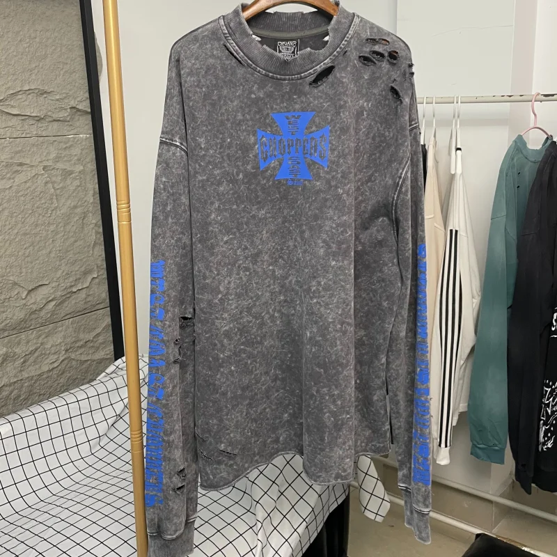 

Street Hip-hop Style Motorcycle Blue Cross West Coast Long Sleeved T-shirt Washed Do Old Holes Men's Women's Tops