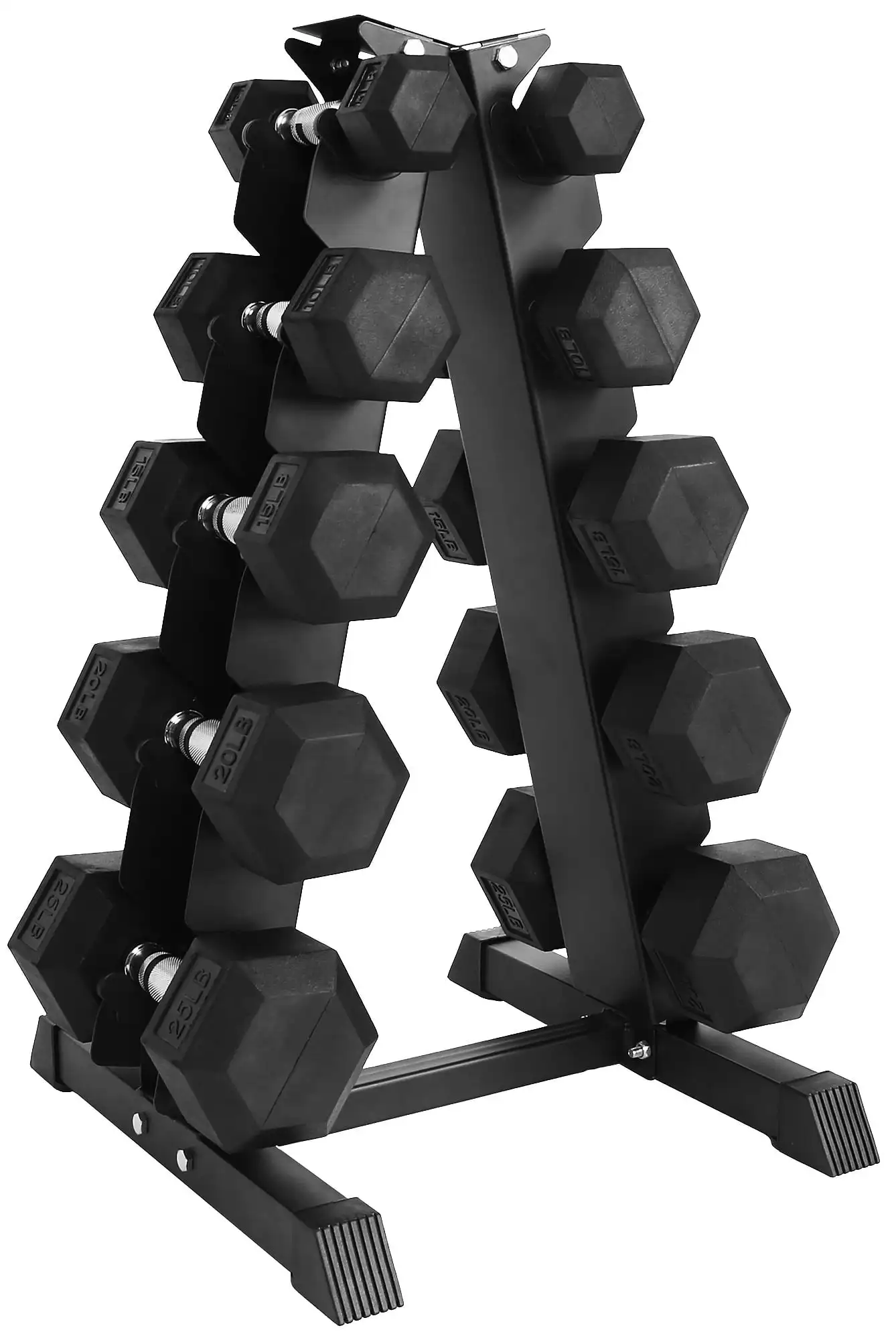 

150LB Rubber Coated Hex Dumbbell Weight Set with A-Frame Rack, 5-25 lbs Pairs