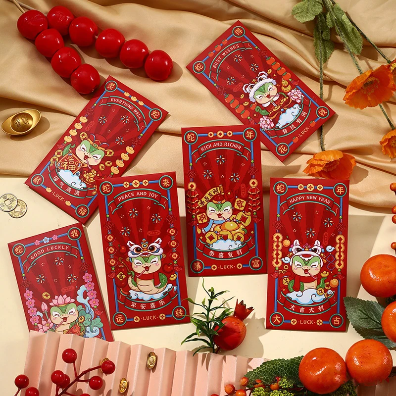 6Pcs 2025 Year Of Snake Chinese Style Red Envelopes Snake Theme Lucky Money Bag Red Packet For New Year Blessing Gift