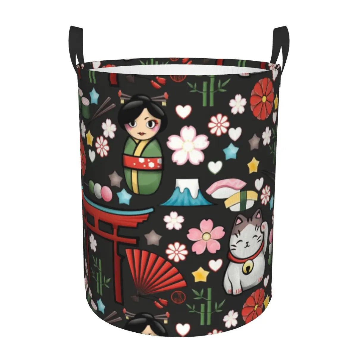 Kawaii Maneki Neko Lucky Cat Laundry Basket Foldable Japanese Geisha Art Toy Clothes Hamper Storage Bin for Kids Nursery