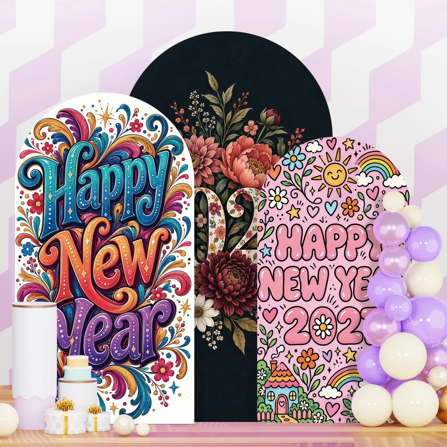 Yeele 2027 Happy New Year Arch Backdrop Cover Colorful Flowers Girls Wedding Party Portrait Spandex Elastic Arched Background