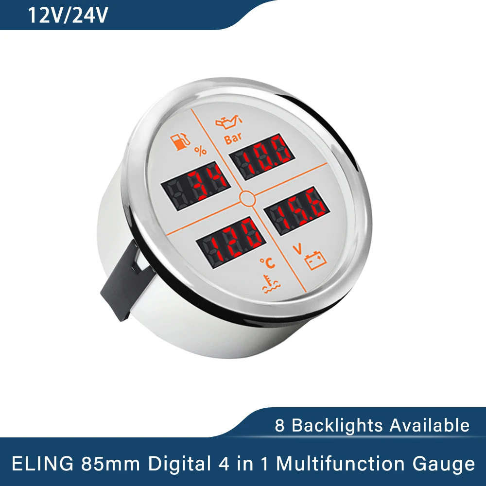 ELING Digital 52mm 85mm Car 4 in 1 Multifunction Gauge with Fuel Level Oil Pressure Water Temp. Voltmeter and 8 Colors Backlight