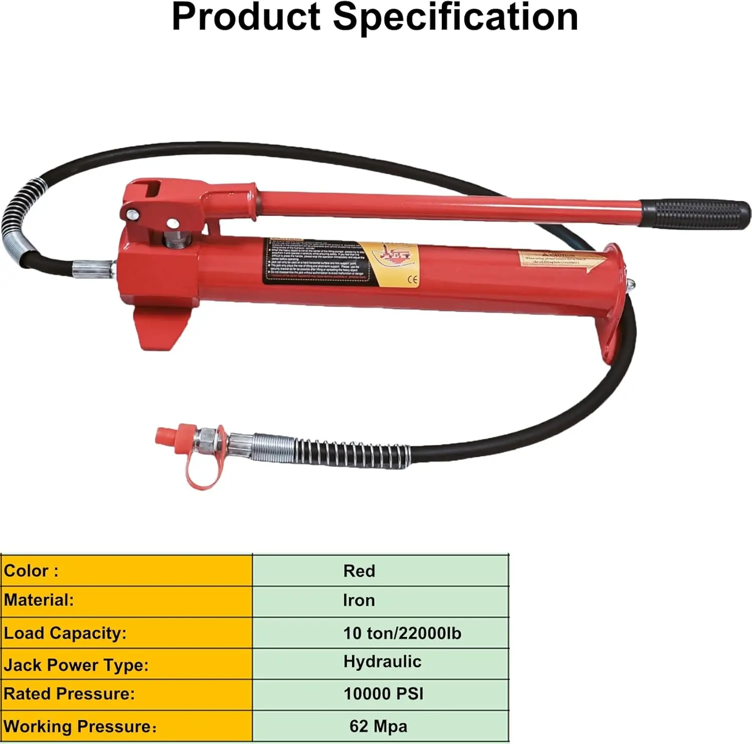 10 ton vloerkrik hydraulische pompset met lange steel, 22000 lbs, rood