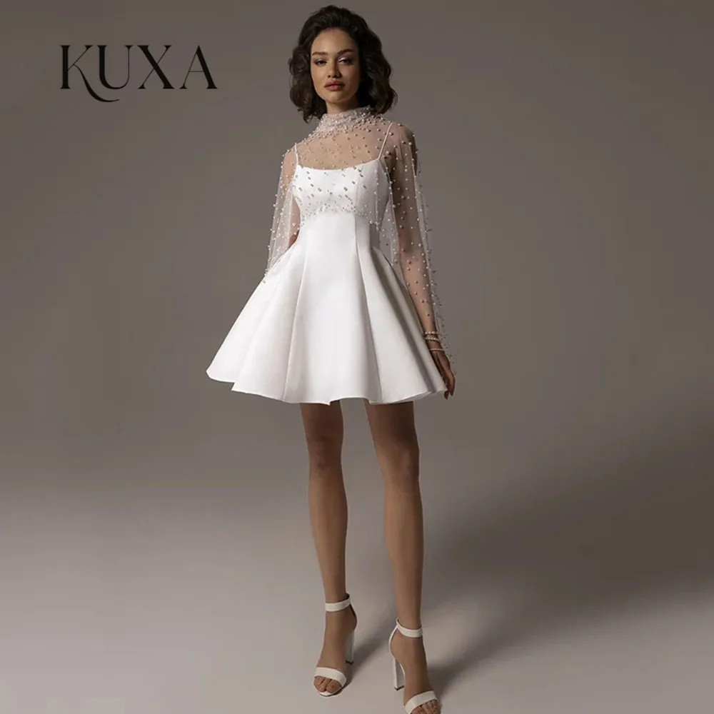 KUXA Sexy Short Wedding Dress 2026 Customized Spaghetti Straps Pearls Jacket Mini Civil Bridal Gown New Arrival Bride Dresses