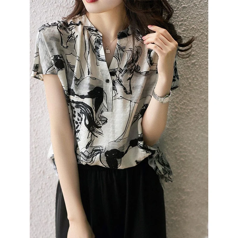 Summer New Ink Printing Loose Casual Pullover Blouse Women Short Sleeve Fashion All-match Vintage Shirt Female V-neck Top Femme