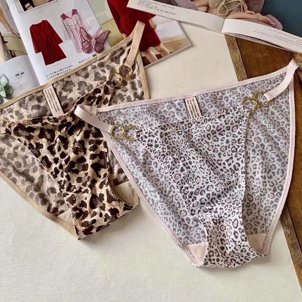 Sexy Leopard Printed Underwear Transparent Milk Silk Seamless Panties Hollow Out Triangle Briefs for Women Lingerie