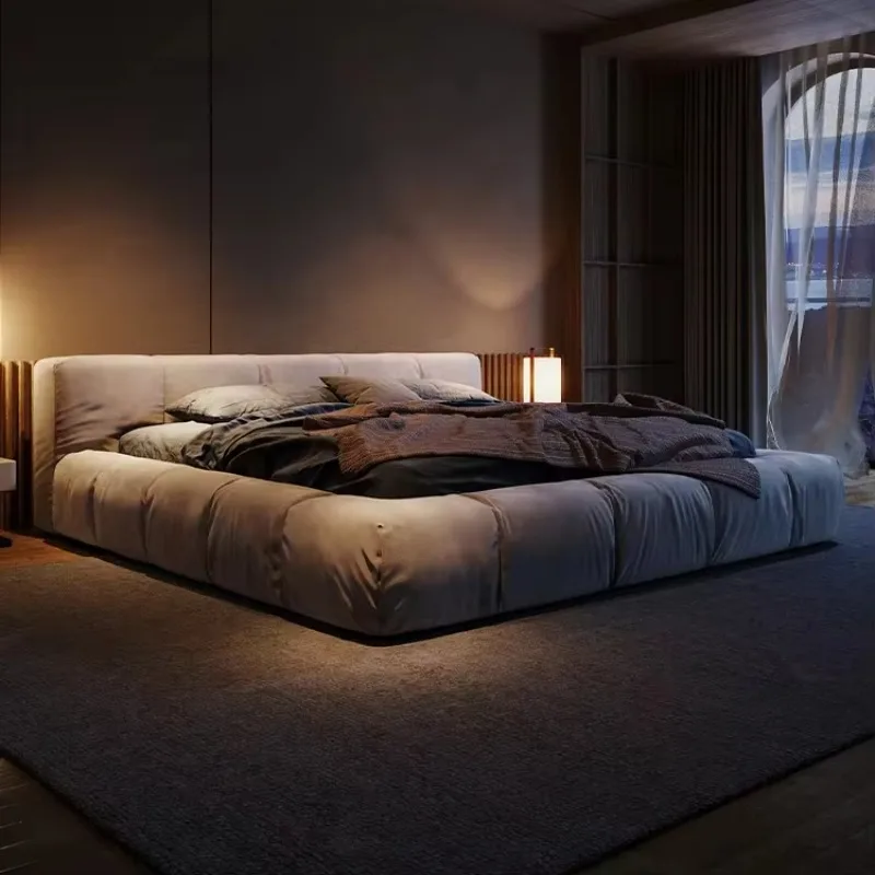 

Italian Modern Minimalist Trundle Bed with Upholstered Soft Bag Fabric Nordic Floor Master Bedroom Tatami Bed Wooden Frame