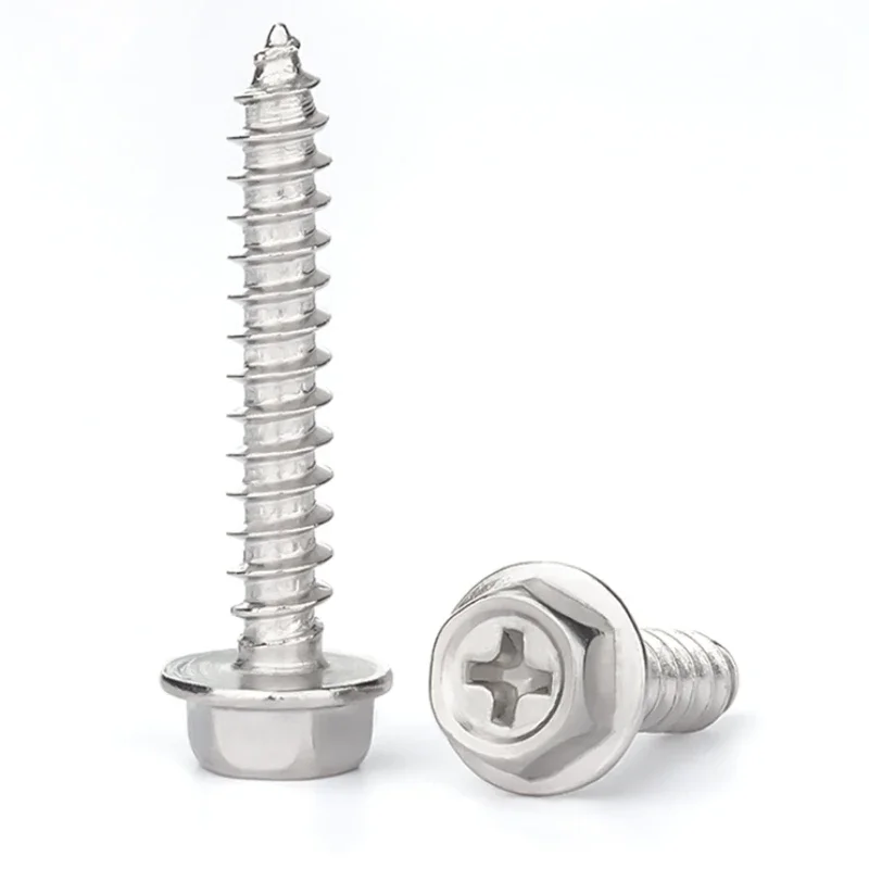 1-10pcs 304Stainless Steel M3 M4 M5 M6 M8 M10 Self-Tapping Phillips Hex Screw Cross Hexagonal Flange Cross Head Screws Wood Nail