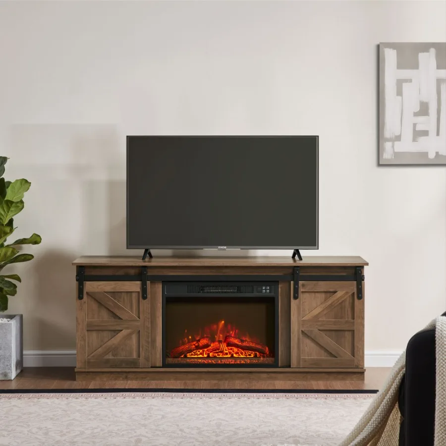 

Fireplace TV Stand for Television up to 65 Inch with Storage and Farmhouse Sliding Barn Doors Entertainment Center with Cabinet