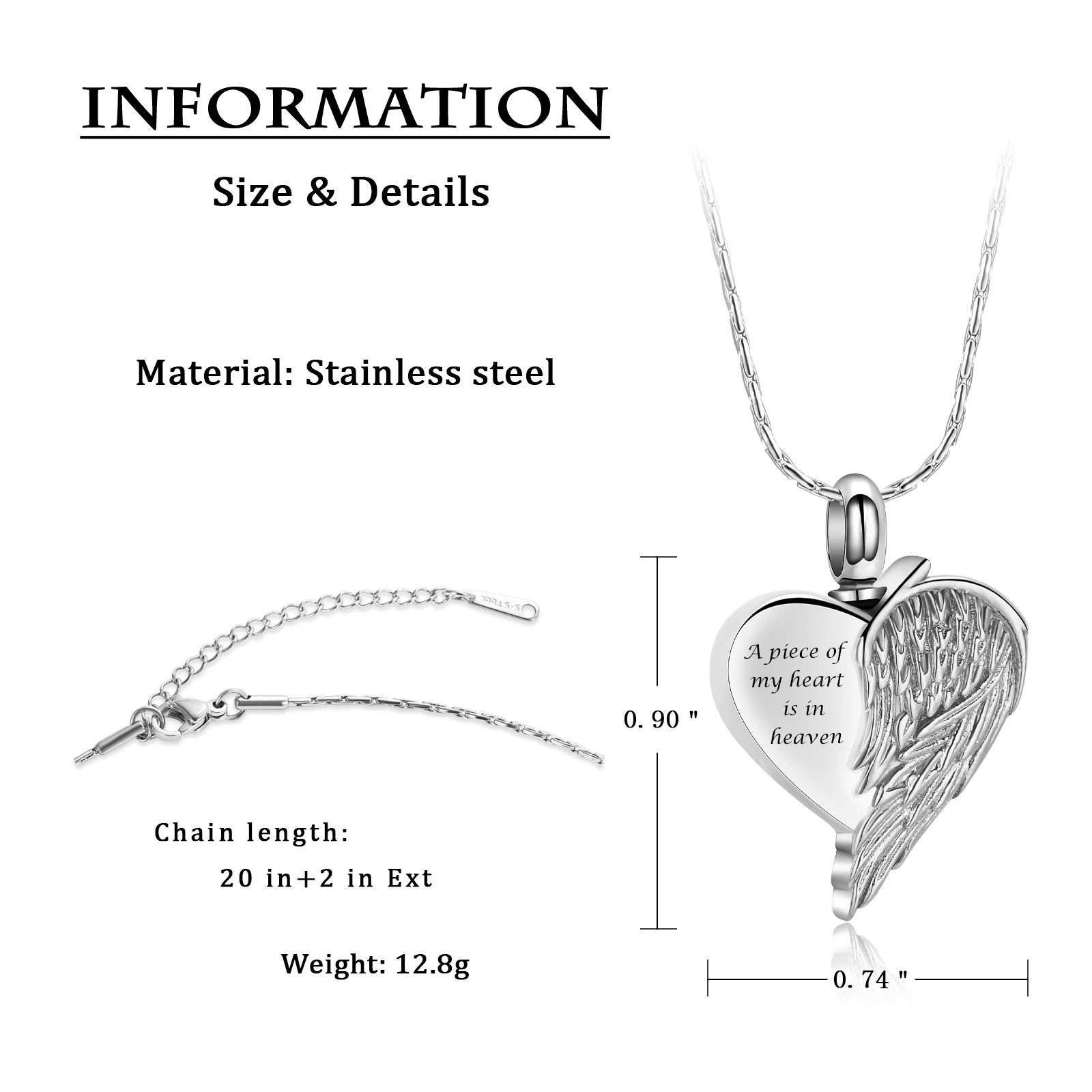 Heart Shape Urn Necklace for Ashes Stainless Steel Angel Wings Memorial Pendant Cremation Jewelry Keepsake for Women