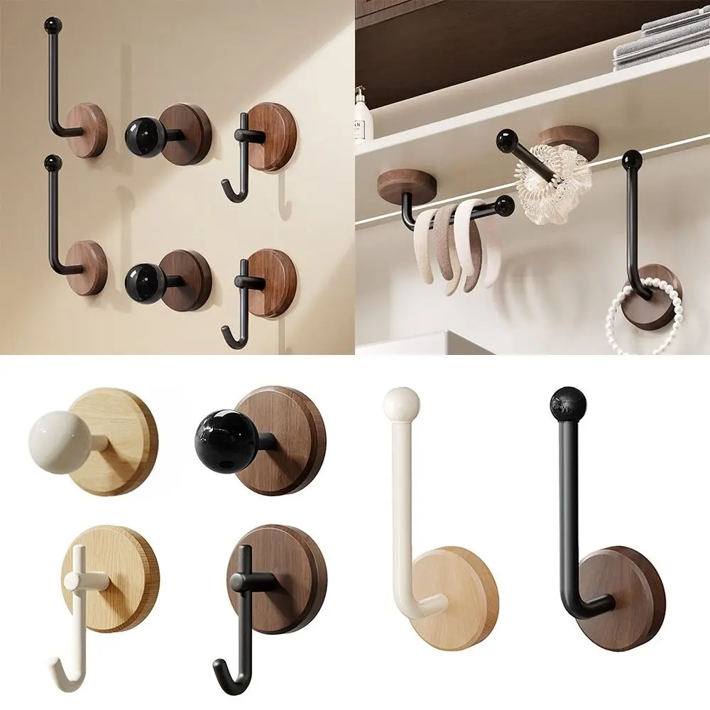 Northern Europe Wood Wall Mount Hook Self-adhesive Waterproof Storage Hanger Black White No Drill Towel Rack Ornament