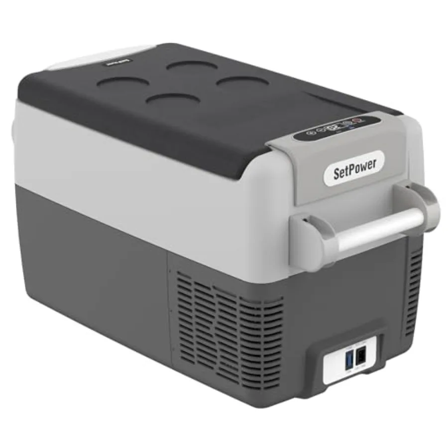 Portable refrigerator for camping, truck, RV, travel, fishing; aluminum alloy body; black; 32-quart capacity, dual 12/24V DC 11