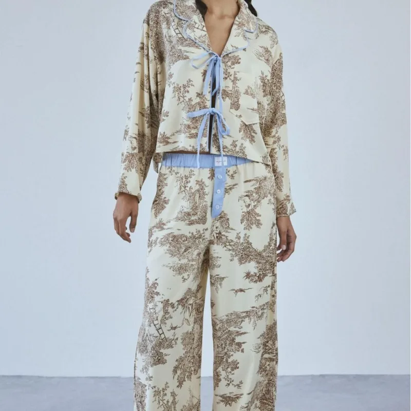 

2pcs Set Printed Womens Pajamas Set Long Sleeve Pants Loungewear Casual Sleepwear Homewear